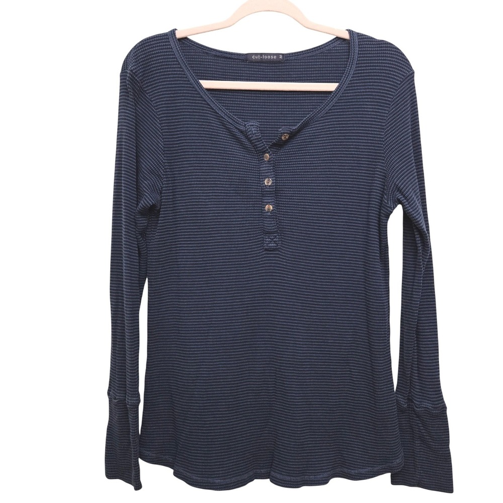 Cut Loose Henley‎ Top Womens Medium Navy Blue Striped Waffle Thermal Long Sleeve